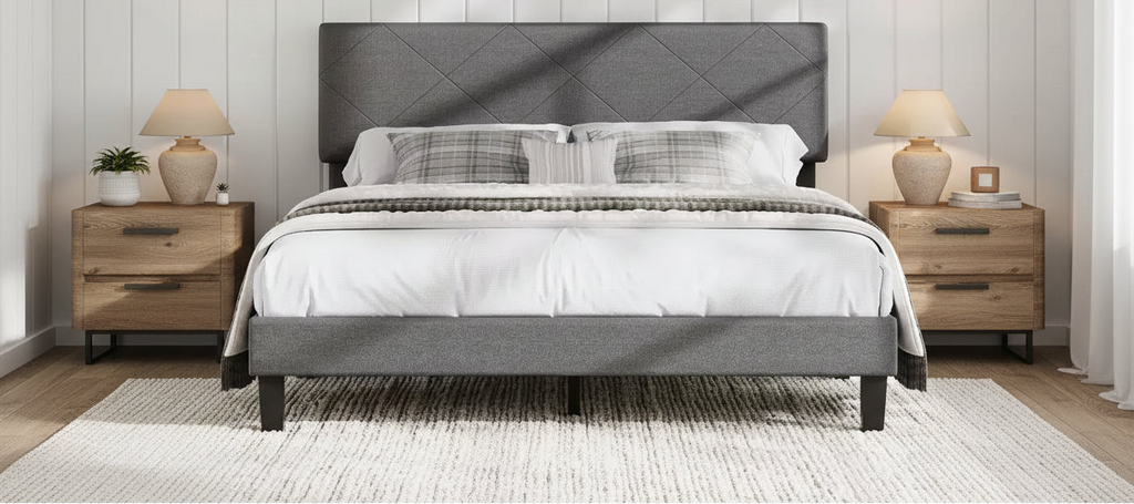 King Size Bed Frame with Upholstered Headboard, King Size Platform Bed Frame with Wooden Slat Support, No Box Spring Needed & Noise Free
