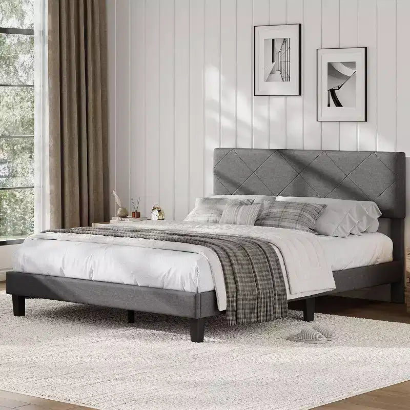 Struttura Letto King Size con Testiera Imbottita, Struttura Letto a Piattaforma King Size con Supporto a Doghe in Legno, Nessuna Rete a Molle Necessaria e Silenziosa