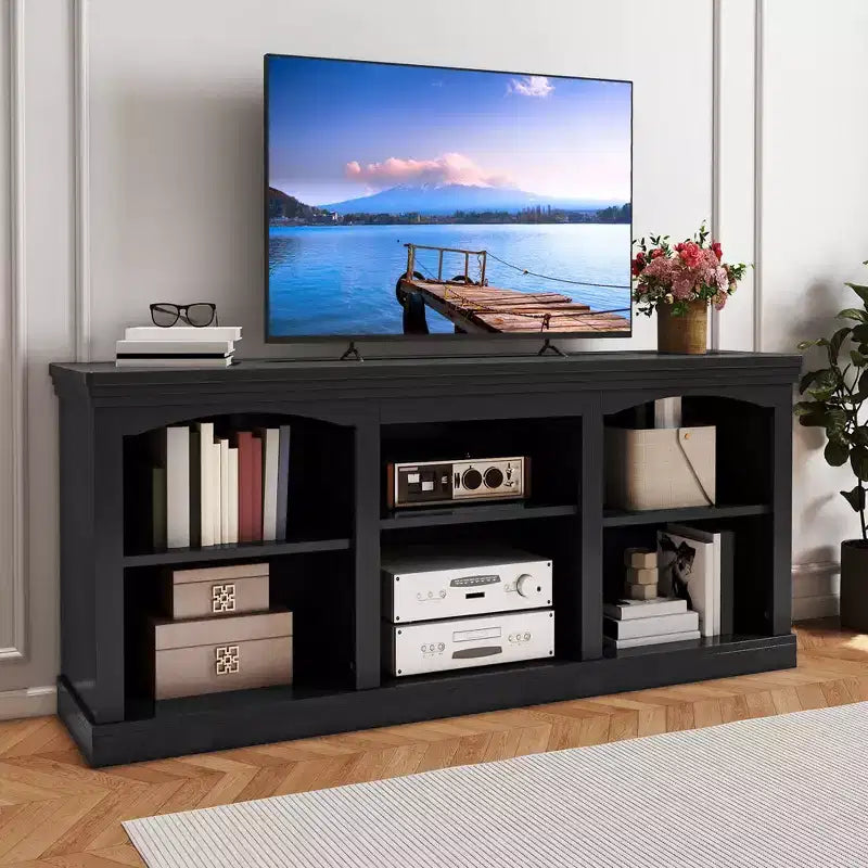 Farmhouse TV Stand for 75/80 Inch TV, Entertainment Center with Adjustable Shelf, Large Wooden TV Console Table for Living Room ,Black