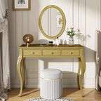 Okak Luxury Vanity Desk with Oval Mirror, Makeup Vanity with 3 Drawers, Vanity Table for Entryway, Living Room, Dressing Room, Gold