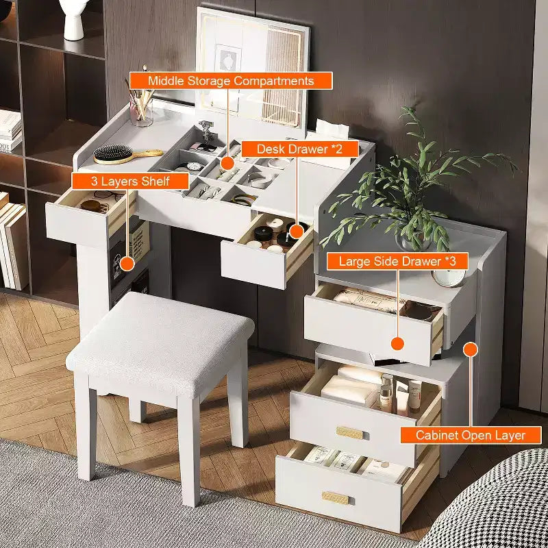 Toeletta da trucco bianca 3-in-1 con specchio ribaltabile e sgabello, 1 persona