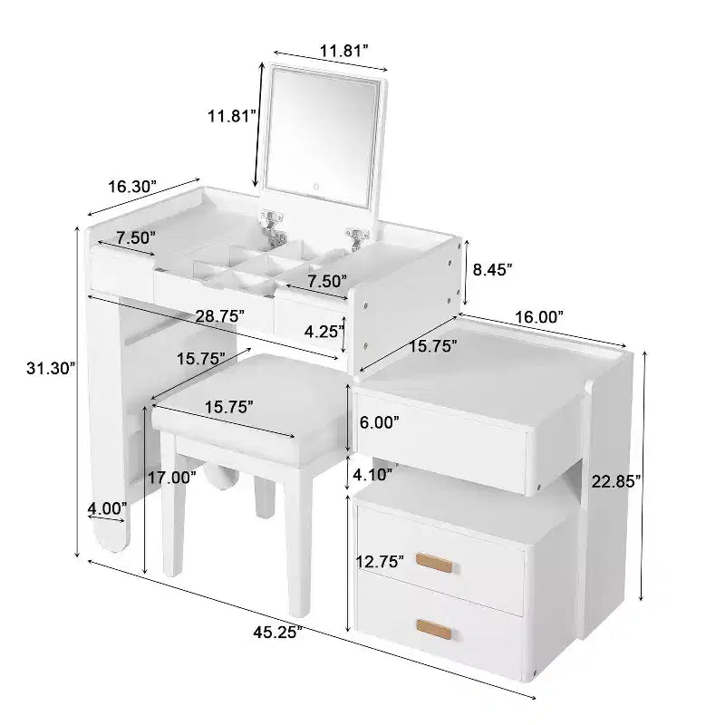 Toeletta da trucco bianca 3-in-1 con specchio ribaltabile e sgabello, 1 persona