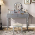 Okak Elegent Vanity Desk with Round Mirror, Height-Adjustable Makeup Vanity with Padding Stool, Vanity Table for Living Room, Silver