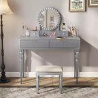 Okak Elegent Vanity Desk with Round Mirror, Height-Adjustable Makeup Vanity with Padding Stool, Vanity Table for Living Room, Silver