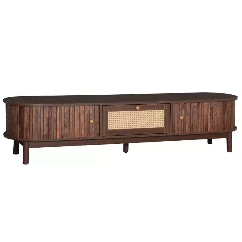 Modern TV Cabinet for 75-Inch, Media Console with Rattan Drawer Front, 1 Drawer, 2 Sliding Door Cabinets, for Living Room