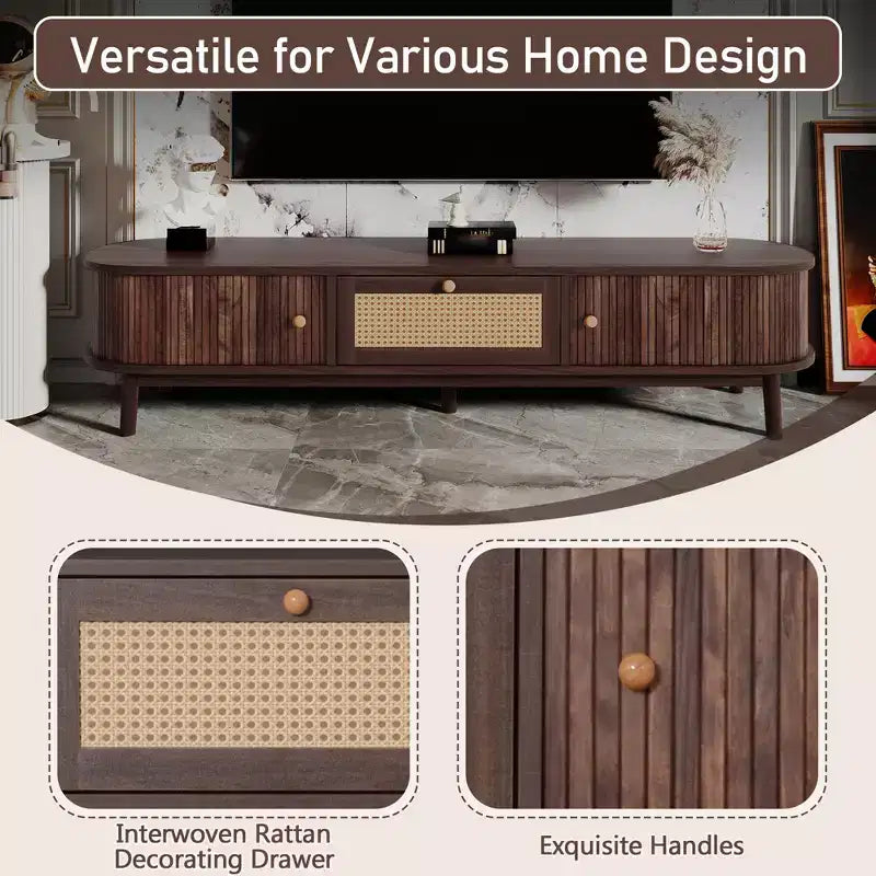 Mobile TV in legno naturale e rattan per 75", 1 cassetto e 2 ante scorrevoli, montaggio a 2 persone