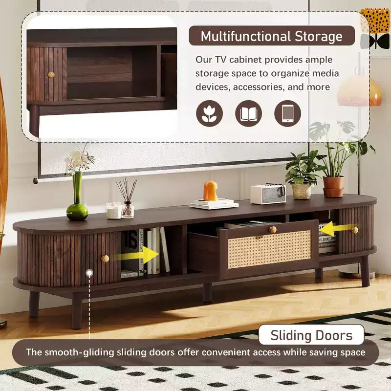 Mobile TV in legno naturale e rattan per 75", 1 cassetto e 2 ante scorrevoli, montaggio a 2 persone