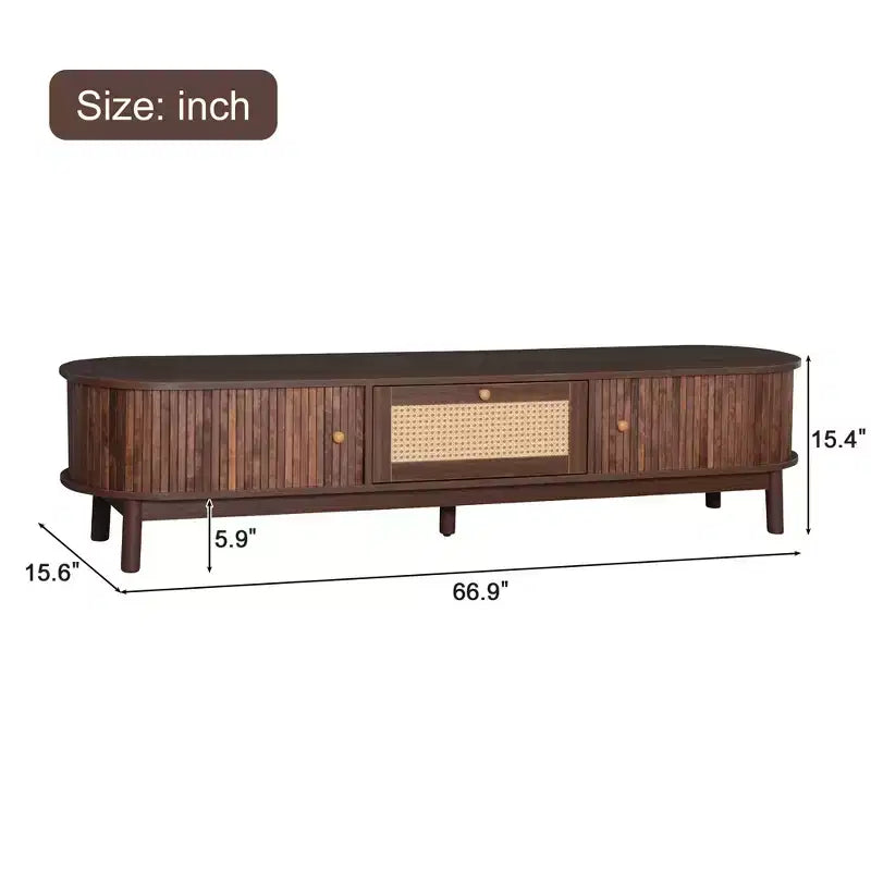 Mobile TV in legno naturale e rattan per 75", 1 cassetto e 2 ante scorrevoli, montaggio a 2 persone