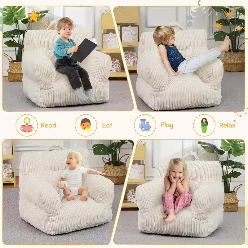 Poltrona a sacco beige per bambini a forma di orsetto con fragola, 1 posto