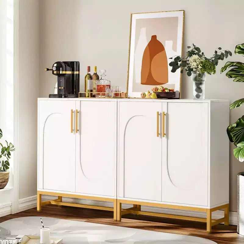 TUYOHW Modern Sideboard Buffet Cabinet with Faux Marble Top & Gold Metal Frame,4-Door Storage for Dining Room,Kitchen Coffee Bar Console