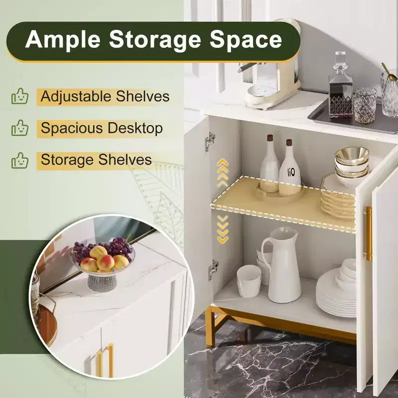 Credenza/Mobile Buffet a 4 Ante in Finto Marmo Bianco con Struttura in Metallo Dorato