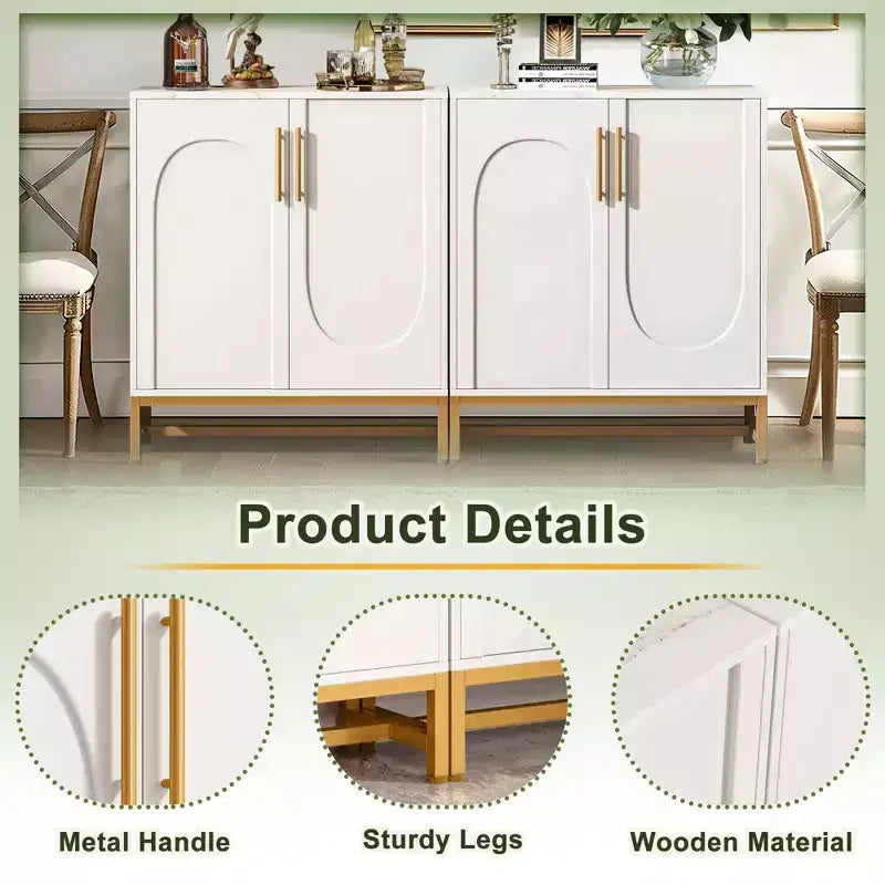 Credenza/Mobile Buffet a 4 Ante in Finto Marmo Bianco con Struttura in Metallo Dorato