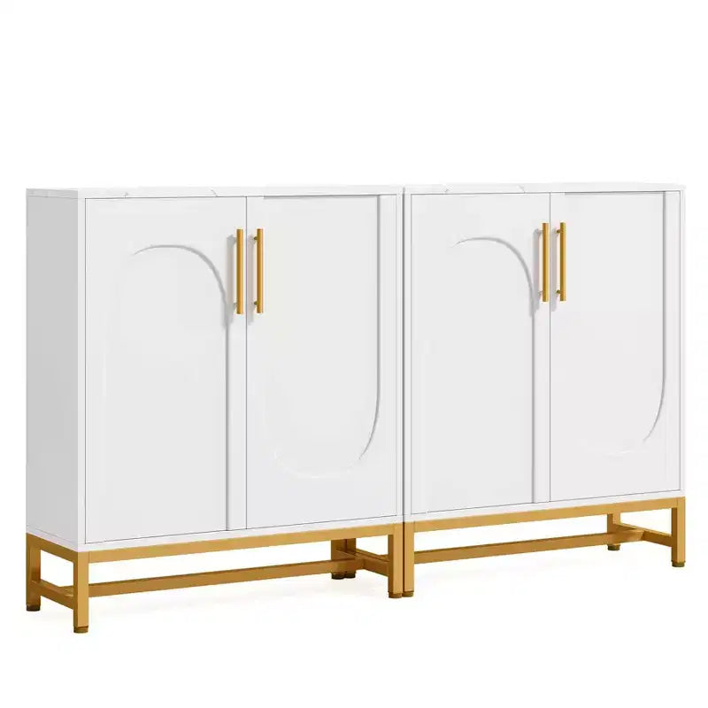 Credenza/Mobile Buffet a 4 Ante in Finto Marmo Bianco con Struttura in Metallo Dorato
