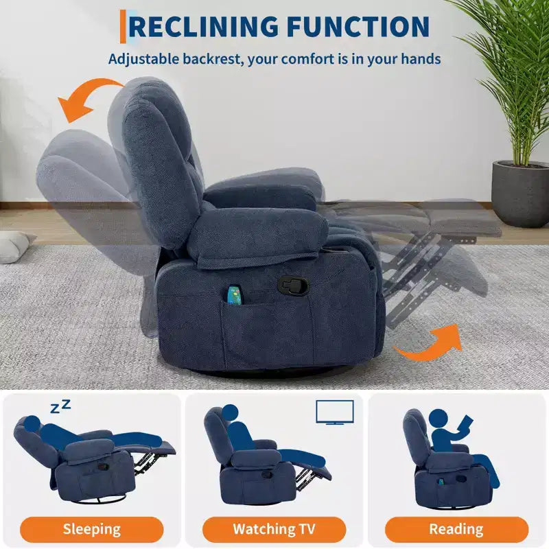 Poltrona reclinabile elettrica in ciniglia grigio scuro/blu foresta — massaggio, riscaldamento e rotazione a 360°, monoposto
