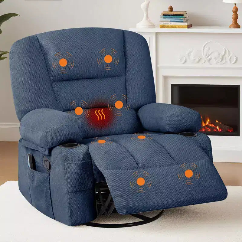 Poltrona reclinabile elettrica in ciniglia grigio scuro/blu foresta — massaggio, riscaldamento e rotazione a 360°, monoposto