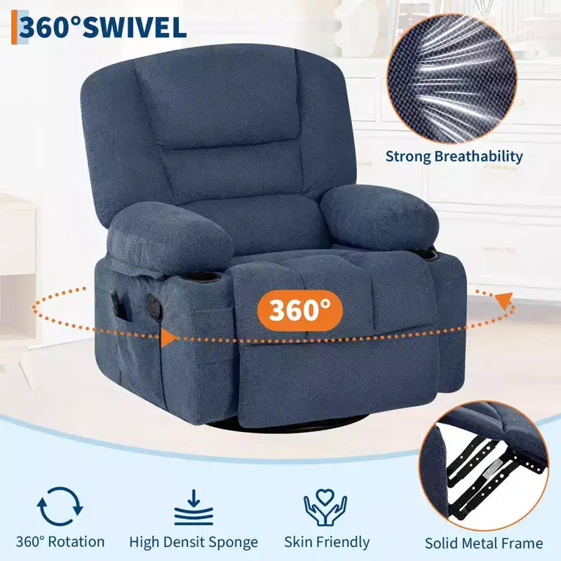 Poltrona reclinabile elettrica in ciniglia grigio scuro/blu foresta — massaggio, riscaldamento e rotazione a 360°, monoposto