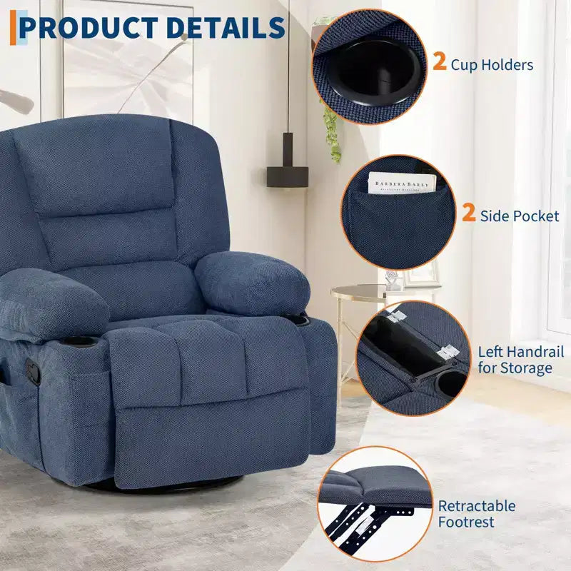 Poltrona reclinabile elettrica in ciniglia grigio scuro/blu foresta — massaggio, riscaldamento e rotazione a 360°, monoposto