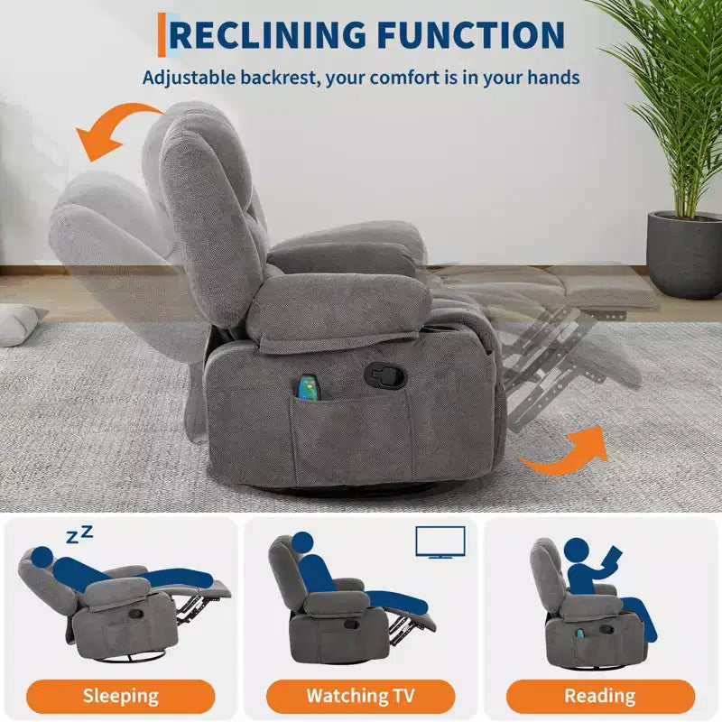 Poltrona reclinabile elettrica in ciniglia grigio scuro/blu foresta — massaggio, riscaldamento e rotazione a 360°, monoposto