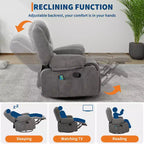 Poltrona reclinabile elettrica in ciniglia grigio scuro/blu foresta — massaggio, riscaldamento e rotazione a 360°, monoposto