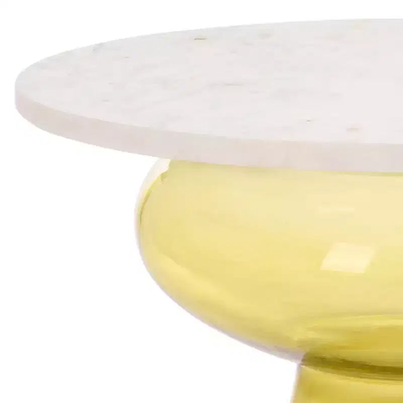 Tavolino d'appoggio rotondo giallo in vetro e marmo, 1 pezzo