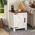 Modern Farmhouse Nightstand with Charging Station & Sliding Barn Door, 18 Rustic Two-Tier Bedside Table for Bedroom Storage