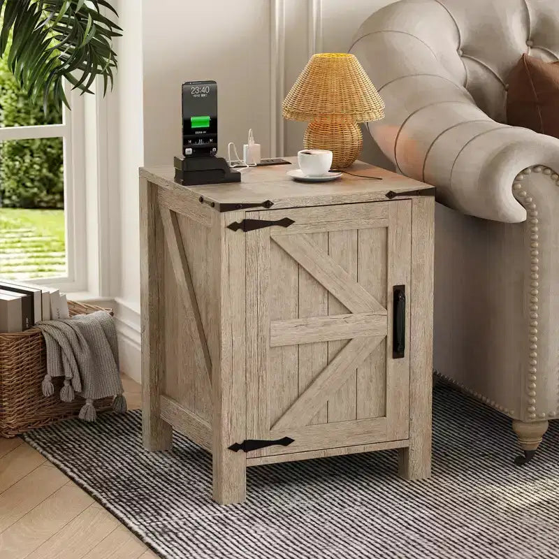 Comodino rustico con anta scorrevole a fienile — Marrone/Bianco, Grigio scuro, Grigio chiaro, Marrone rossiccio | 1 persona