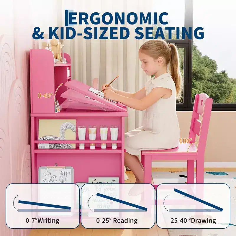 Set scrivania e sedia per bambini rosa/bianco con contenitore, per bambini dai 3 agli 8 anni