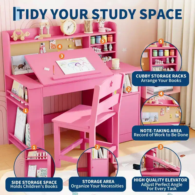 Set scrivania e sedia per bambini rosa/bianco con contenitore, per bambini dai 3 agli 8 anni