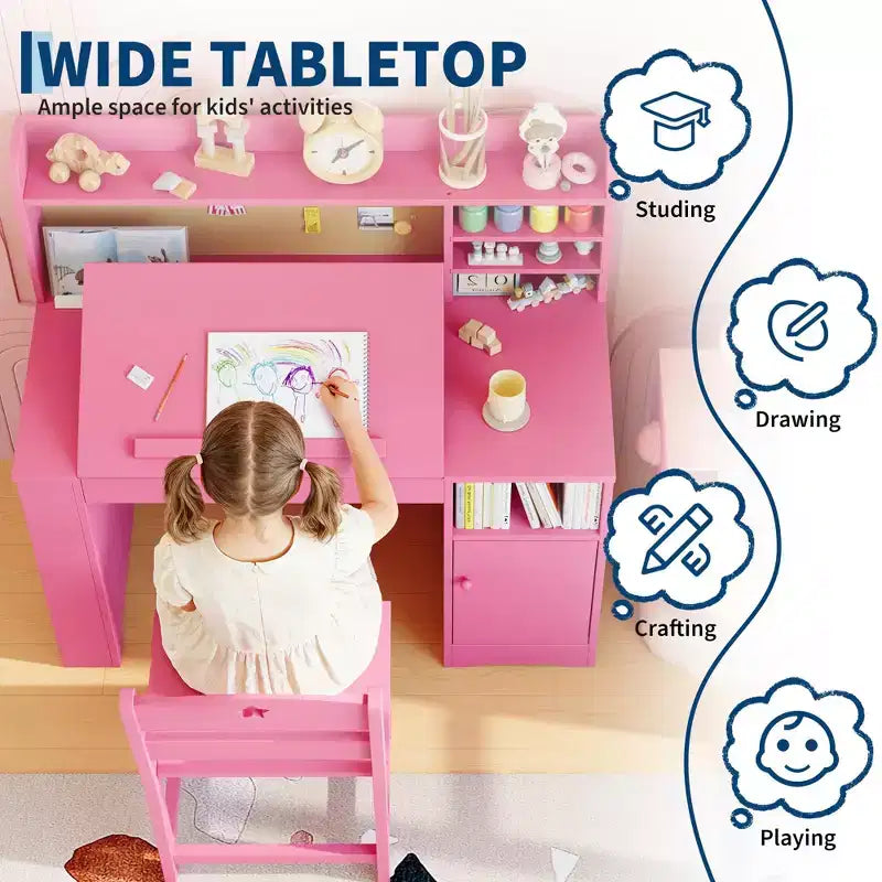 Set scrivania e sedia per bambini rosa/bianco con contenitore, per bambini dai 3 agli 8 anni