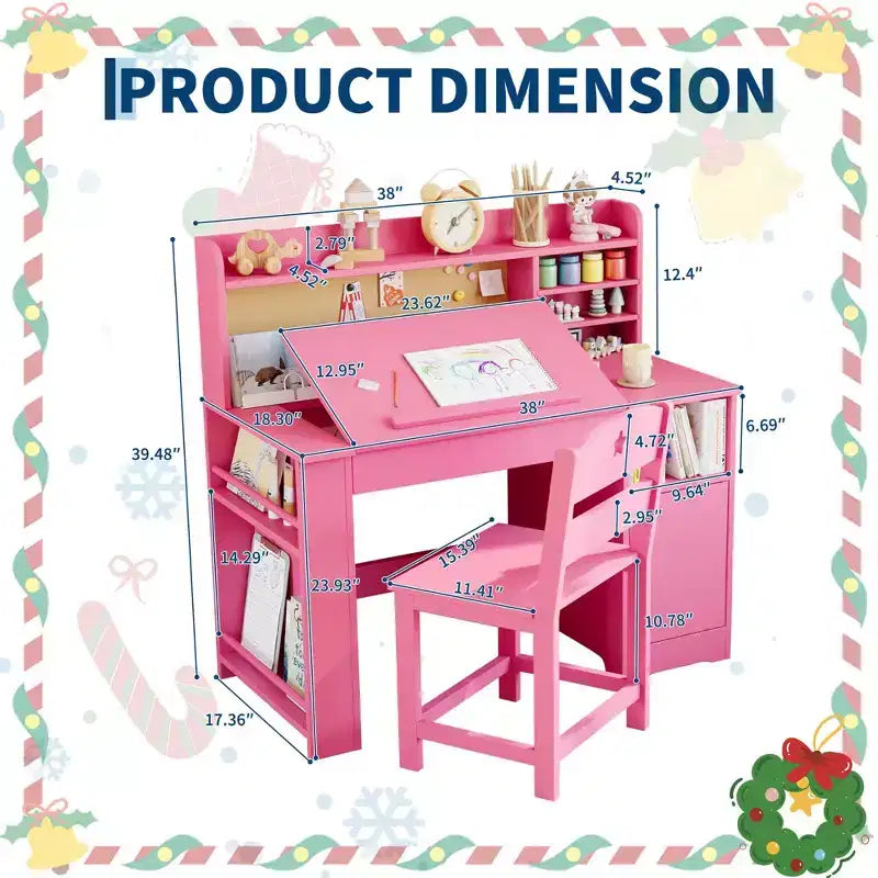 Set scrivania e sedia per bambini rosa/bianco con contenitore, per bambini dai 3 agli 8 anni