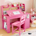 Kids Study Desk & Chair Set with Storage, Kids Study Desk with Hutch and Tiltable, Wooden Children Table with Storage Cabinet for 3-8 Years Old