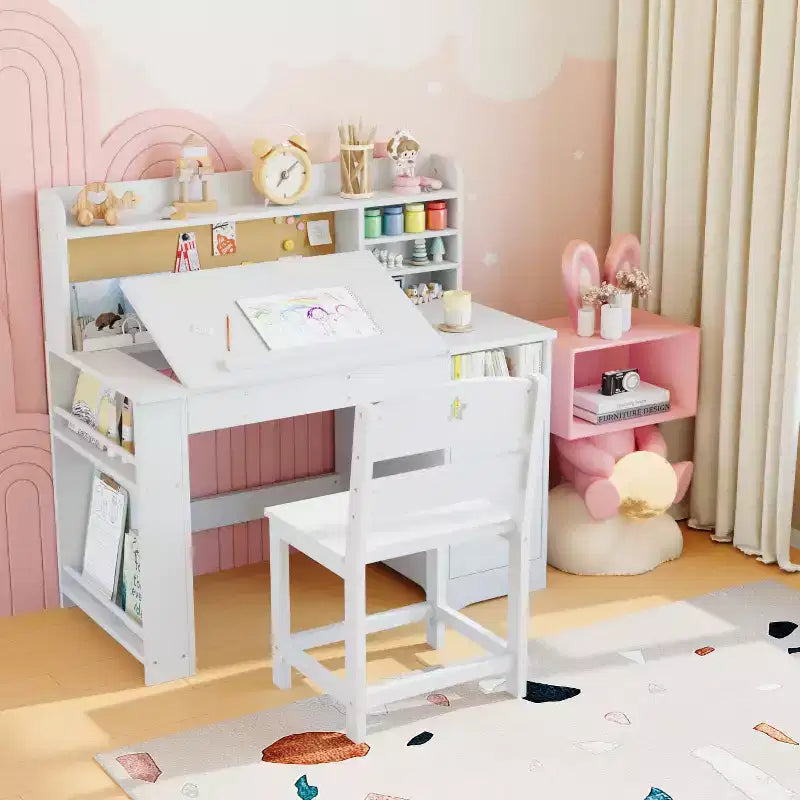 Set scrivania e sedia per bambini rosa/bianco con contenitore, per bambini dai 3 agli 8 anni
