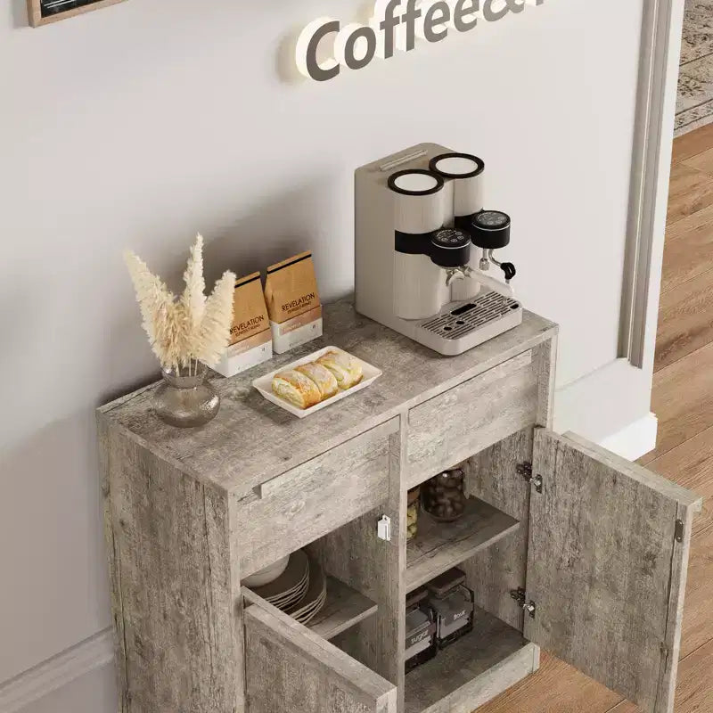 Credenza da buffet a 4 cassetti color caffè con ante in vetro, montaggio per 1 persona