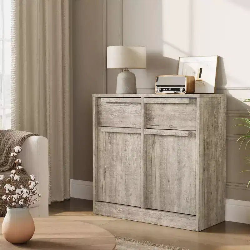 Credenza da buffet a 4 cassetti color caffè con ante in vetro, montaggio per 1 persona