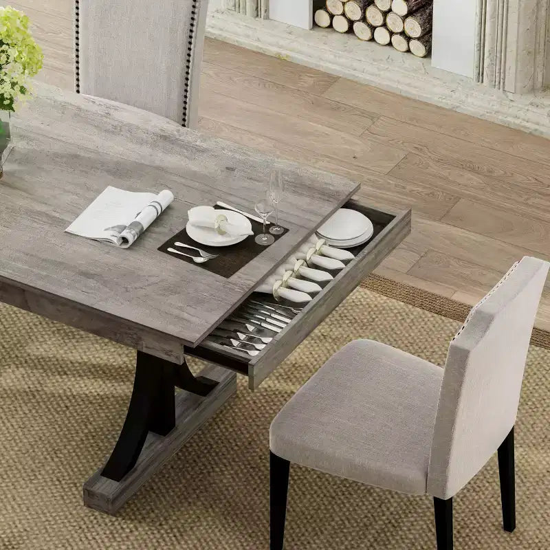 Tavolo da pranzo rettangolare marrone/grigio con due cassetti per 6-8 persone