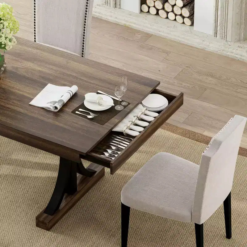 Tavolo da pranzo rettangolare marrone/grigio con due cassetti per 6-8 persone