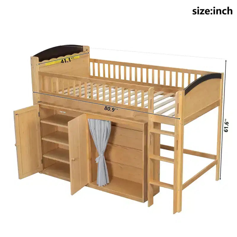 Letto a soppalco bianco/legno con armadietto contenitore, guardaroba e LED — Singolo / Una piazza e mezza, 1 persona