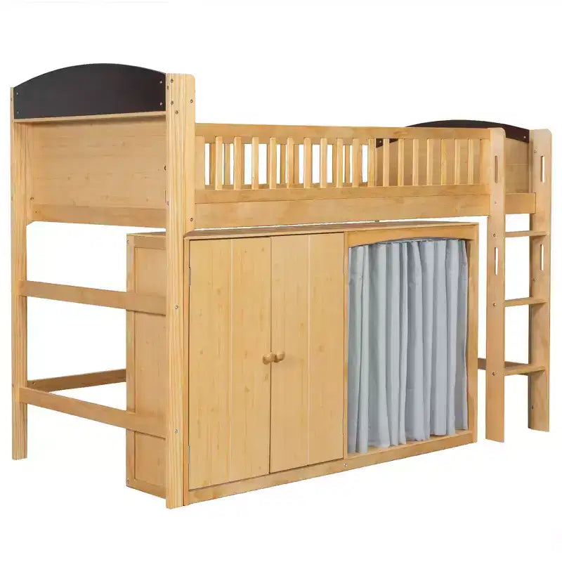 Letto a soppalco bianco/legno con armadietto contenitore, guardaroba e LED — Singolo / Una piazza e mezza, 1 persona