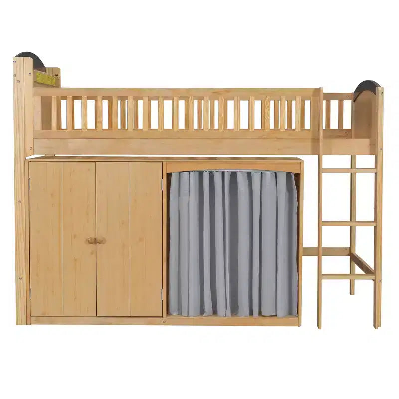 Letto a soppalco bianco/legno con armadietto contenitore, guardaroba e LED — Singolo / Una piazza e mezza, 1 persona