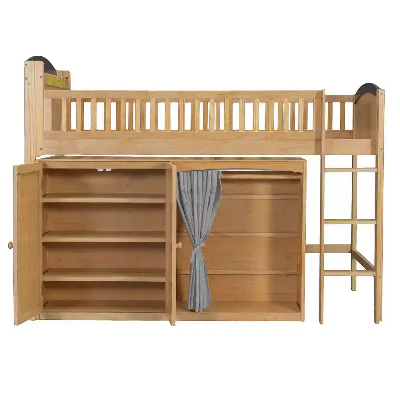 Letto a soppalco bianco/legno con armadietto contenitore, guardaroba e LED — Singolo / Una piazza e mezza, 1 persona