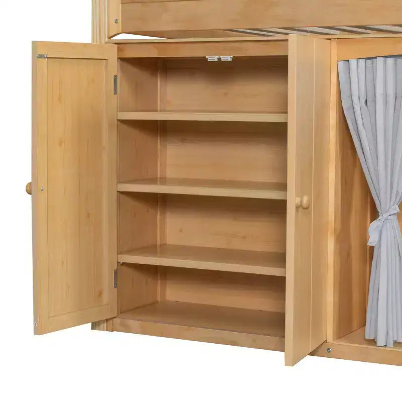 Letto a soppalco bianco/legno con armadietto contenitore, guardaroba e LED — Singolo / Una piazza e mezza, 1 persona