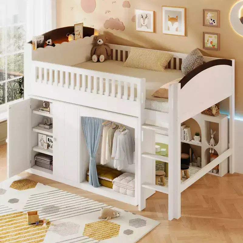 Letto a soppalco bianco/legno con armadietto contenitore, guardaroba e LED — Singolo / Una piazza e mezza, 1 persona