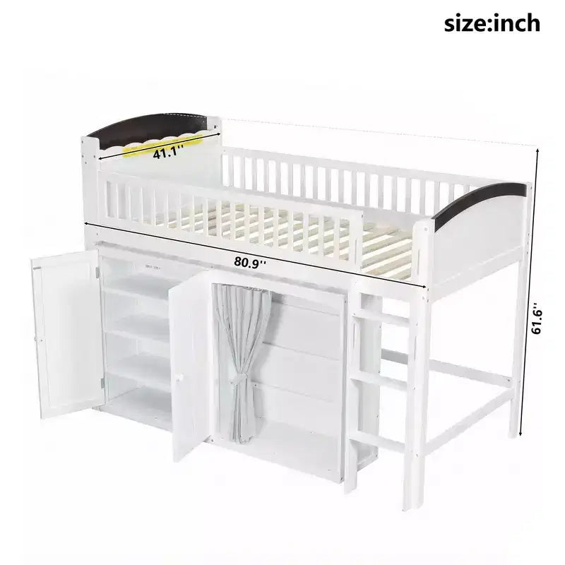 Letto a soppalco bianco/legno con armadietto contenitore, guardaroba e LED — Singolo / Una piazza e mezza, 1 persona