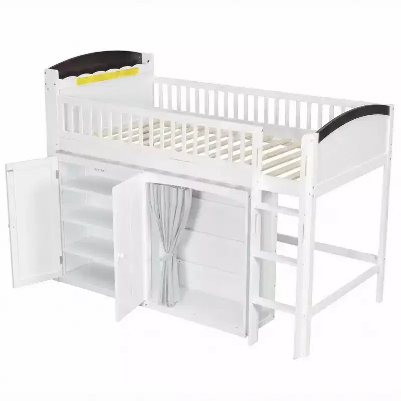 Letto a soppalco bianco/legno con armadietto contenitore, guardaroba e LED — Singolo / Una piazza e mezza, 1 persona