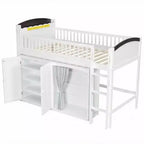 Letto a soppalco bianco/legno con armadietto contenitore, guardaroba e LED — Singolo / Una piazza e mezza, 1 persona