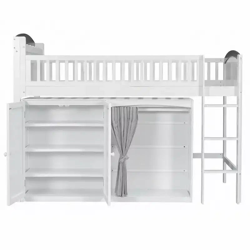 Letto a soppalco bianco/legno con armadietto contenitore, guardaroba e LED — Singolo / Una piazza e mezza, 1 persona