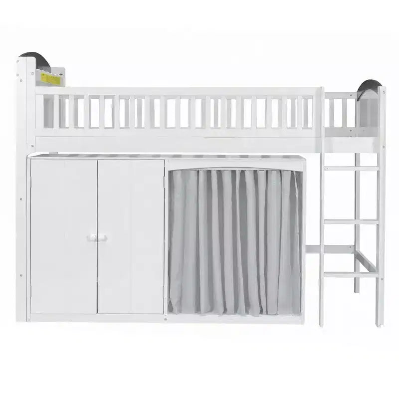 Letto a soppalco bianco/legno con armadietto contenitore, guardaroba e LED — Singolo / Una piazza e mezza, 1 persona