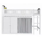 Letto a soppalco bianco/legno con armadietto contenitore, guardaroba e LED — Singolo / Una piazza e mezza, 1 persona