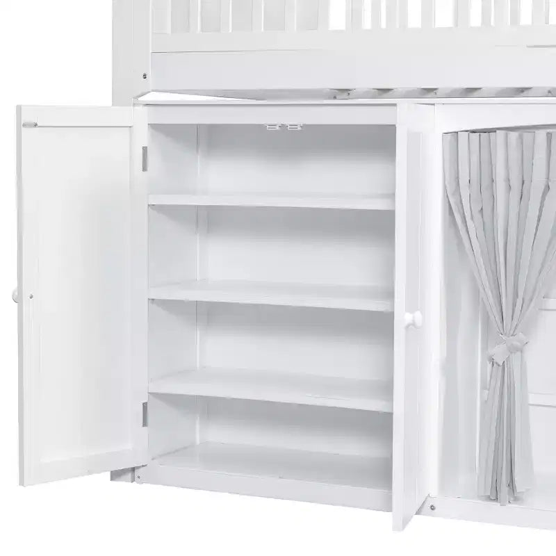 Letto a soppalco bianco/legno con armadietto contenitore, guardaroba e LED — Singolo / Una piazza e mezza, 1 persona