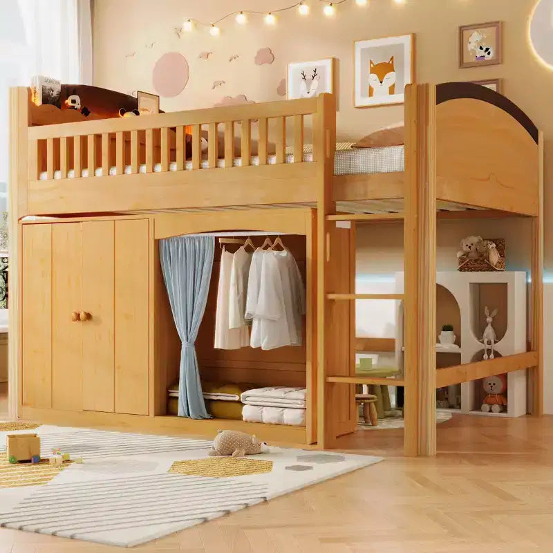 Letto a soppalco bianco/legno con armadietto contenitore, guardaroba e LED — Singolo / Una piazza e mezza, 1 persona